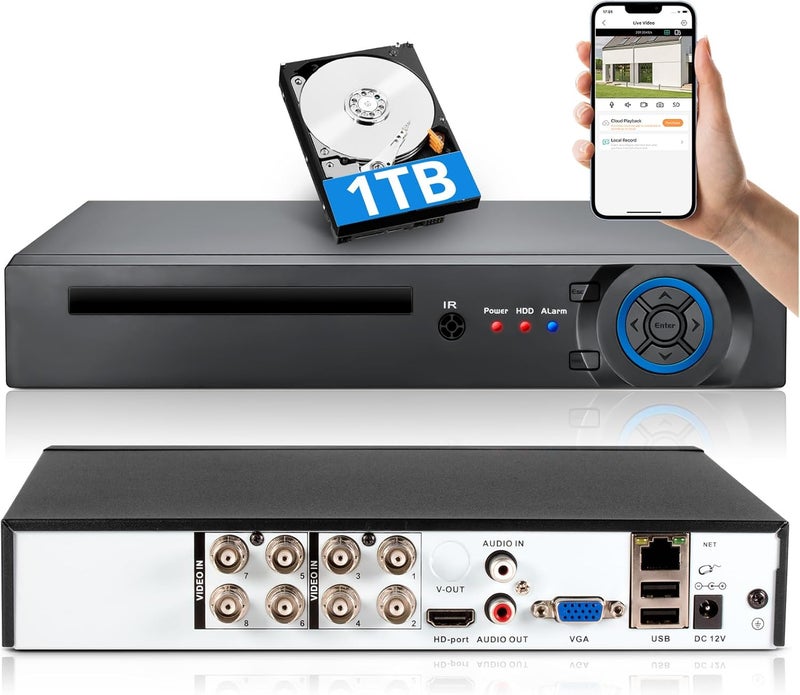 Fuers مسجل DVR CCTV 5MP 8CH مع قرص صلب 1TB، كشف البشر/الوجه، 8 قنوات 1080p H.265+ هجين 6 في 1 للمراقبة المنزلية السلكية - Image 1